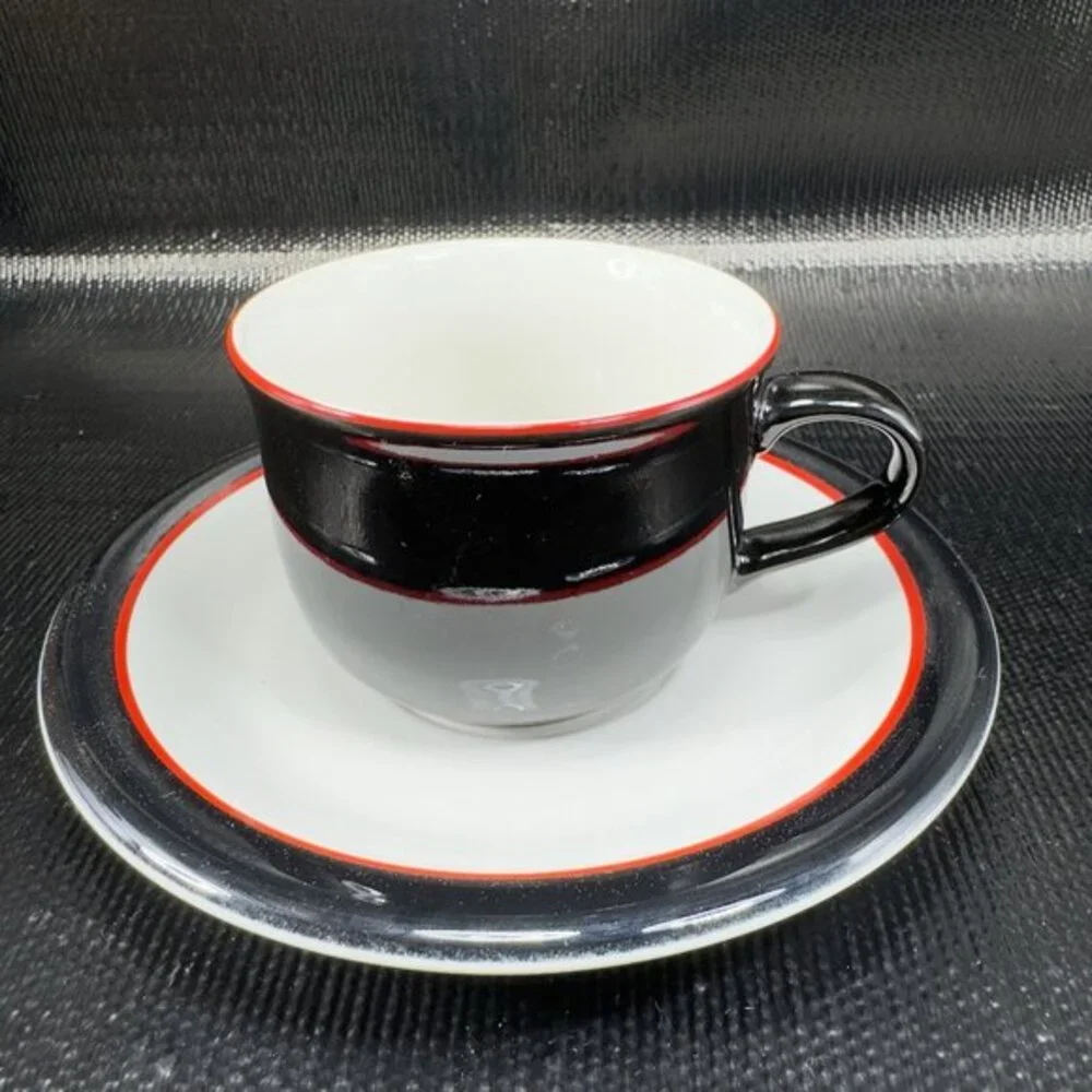 Ranmaru Tuxedo Japan Ceramic Stoneware Teacup And Saucer Set Black Red White VTG